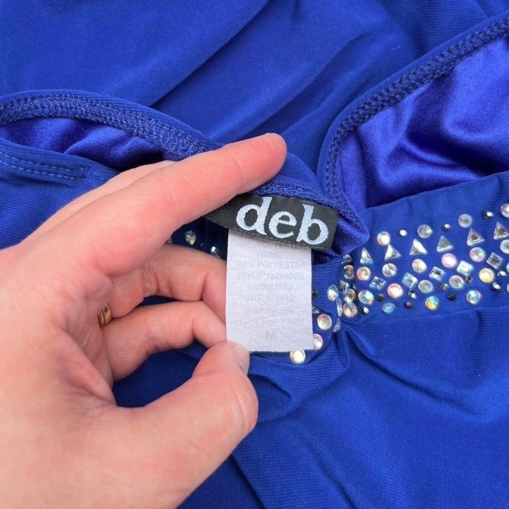 Y2K Deb Blue Rhinestone Mini Dress Medium Party Club One Shoulder Long Sleeve - Picture 7 of 7